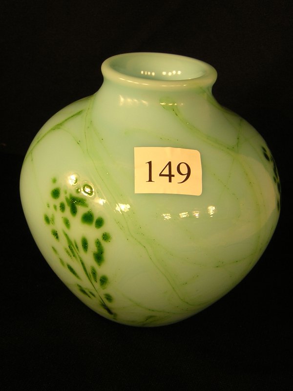 Fenton Light Blue Vasew/ green decoration "Robert 
