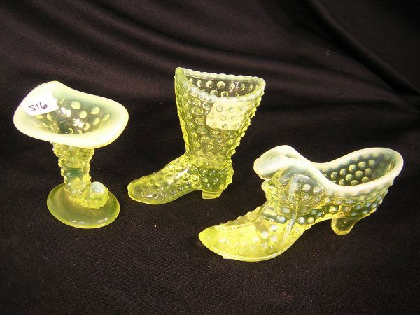 3 pcs. Fenton Topaz Opalescent Hobnail -- Boot, S: 3 pcs. Fenton Topaz Opalescent Hobnail -- Boot, Shoe, Horn of Plenty --- 3 3/4"h