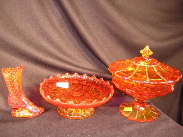 3pcs. Fenton Orange Valencia -- Covered Candy 8"h: 3pcs. Fenton Orange Valencia -- Covered Candy 8"h; Comport 8"w; Boot