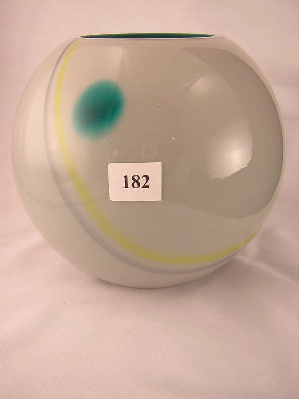 Delmer Stowasser Masterworks: 8804 TV Gray Overlay: Delmer Stowasser Masterworks: 8804 TV Gray Overlay 10" sphere vase with gray stripe, yellow stripe and teal dot. Designed by skilled glassworker Delmer Stowasser, the short-lived Masterworks Collectio