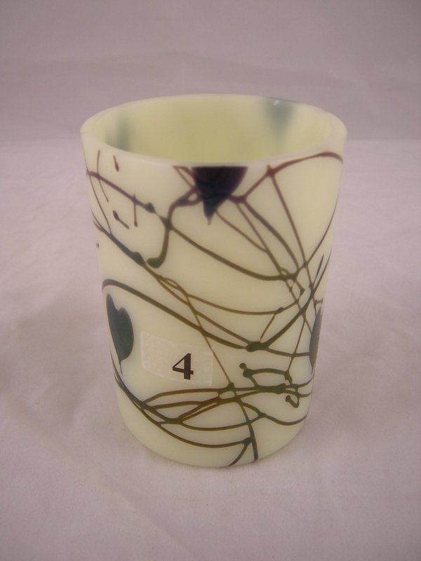 Hanging Hearts sample tumbler: Made as a sample in C: Hanging Hearts sample tumbler: Made as a sample in Custard with applied Hanging Hearts in 1975, this 3.67" tall tumbler was not in the Fenton line.