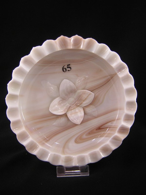 Rare sample: Slag (Milk Glass and light Chocolate) : Rare sample: Slag (Milk Glass and light Chocolate) 3773 Hobnail 6.5" round pipe ashtray with flower in center. An original sticker indicates that this piece was made 4-29-66.