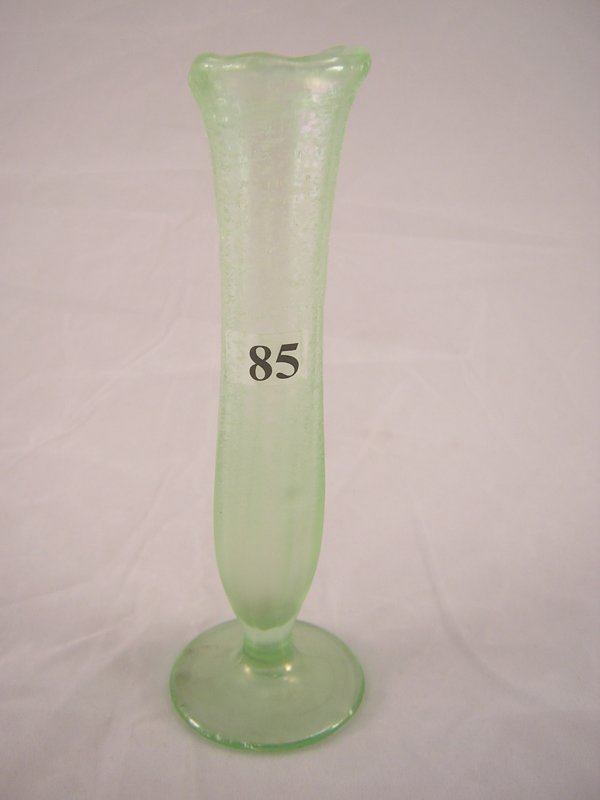 Florentine Green stretch No. 354 7" bud vase, ca. e: Florentine Green stretch No. 354 7" bud vase, ca. early 1920s.