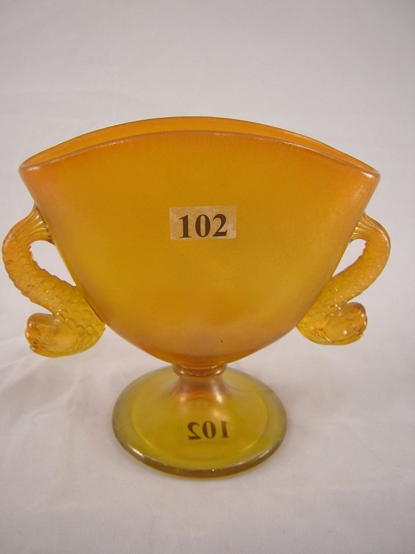Tangerine stretch No. 1533 5.25" tall fan vase wit: Tangerine stretch No. 1533 5.25" tall fan vase with dolphin handles, made ca. 1927-29.