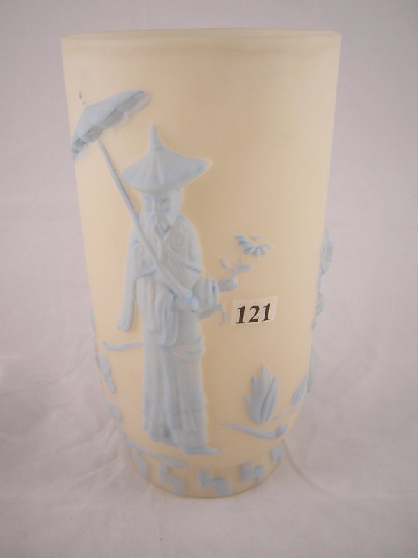 Decorated Blue on Cameo Satin 9.25" tall 8251 HU M: Decorated Blue on Cameo Satin 9.25" tall 8251 HU Mandarin vase, ca. 1981-82. This vase is signed "handpainted by L. Clevenger".