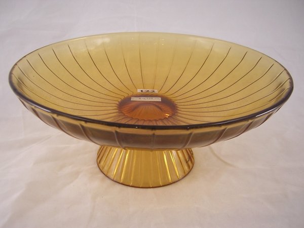 Rare Rubel special order: Amber footed rib optic b: Rare Rubel special order: Amber footed rib optic bowl, 10.75" d. This is a very dramatic piece! Made by Fenton for Rubel in the first half of the 1950s. An original sticker identifies this bowl as R-4