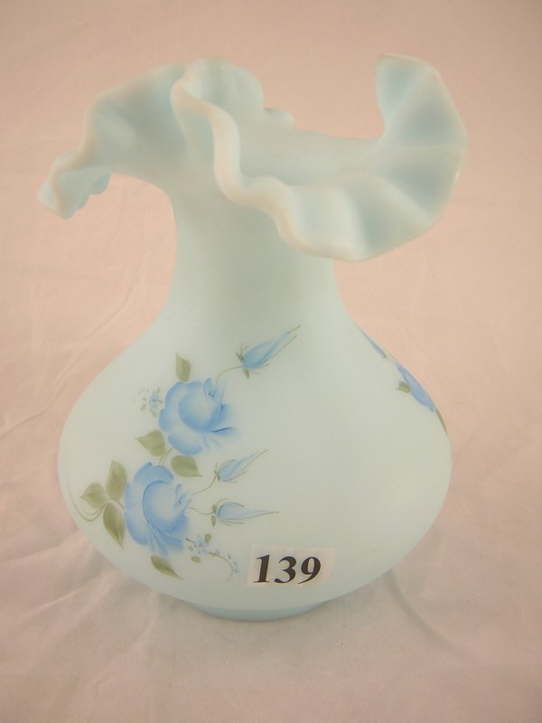 Blue Rose on Blue Satin 7252 BL 7" vase, in the Fe: Blue Rose on Blue Satin 7252 BL 7" vase, in the Fenton line 1978-81. This vase, which was retained by the Fenton lab, is signed "Hand Painted by Lorentz" and has an original sticker noting that it was