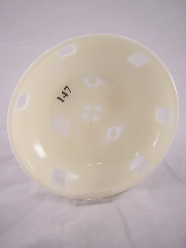 Rare sample: light yellow 6.5" d. bowl with interi: Rare sample: light yellow 6.5" d. bowl with interior circles and squares. This piece was made by a special process involving heat treatment and irradiating. An original sticker indicates that this was