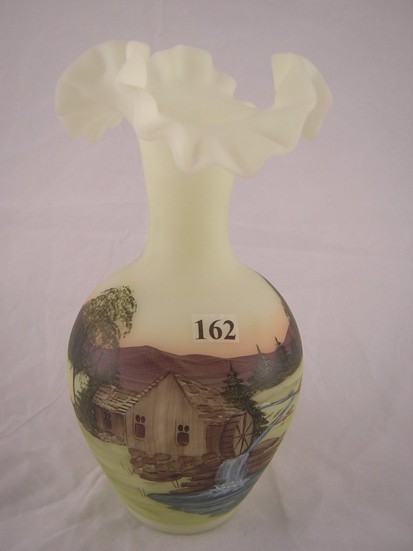 Handpainted Old Mille Scene on Custard Satin 7257 : Handpainted Old Mille Scene on Custard Satin 7257 OM 9.25" vase, ca. 1979-81. This piece is signed "handpainted by J. Brown" [this is Jeanne Brown Cutshaw, a longtime Fenton decorator].