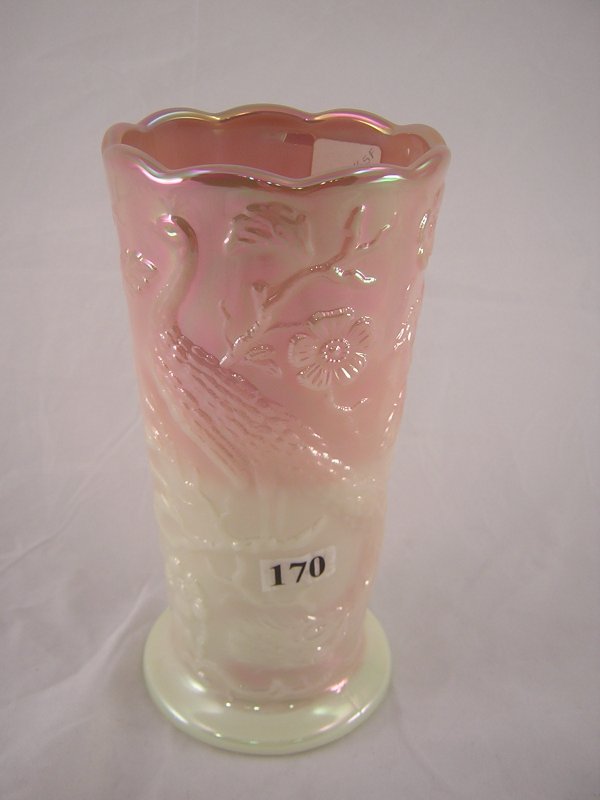 Sample: iridized Burmese Peacock vase, 8" tall. Ma: Sample: iridized Burmese Peacock vase, 8" tall. Made in the 1990s.