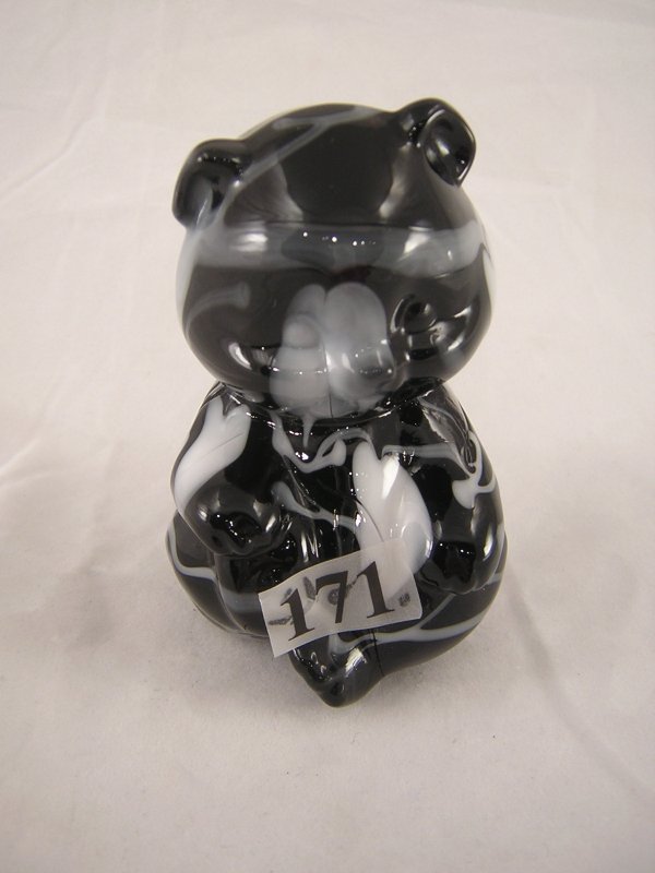 Rare 5151 black Bear (blown) 3.5" figurine with ap: Rare 5151 black Bear (blown) 3.5" figurine with applied Hanging Hearts and threads decoration (only a few of these were made).