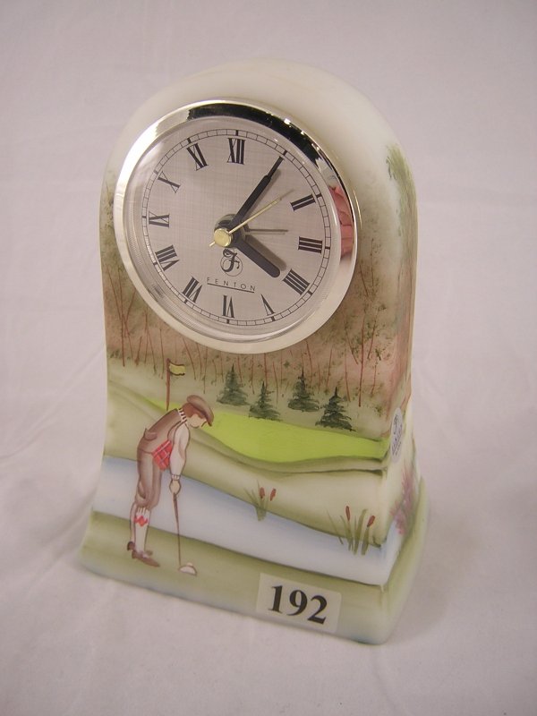 Opal satin 8600 JU 6" tall clock with handpainted : Opal satin 8600 JU 6" tall clock with handpainted golfer scene, made in 1998. This clock is signed inside "Hand Painted by D. Fredrick".