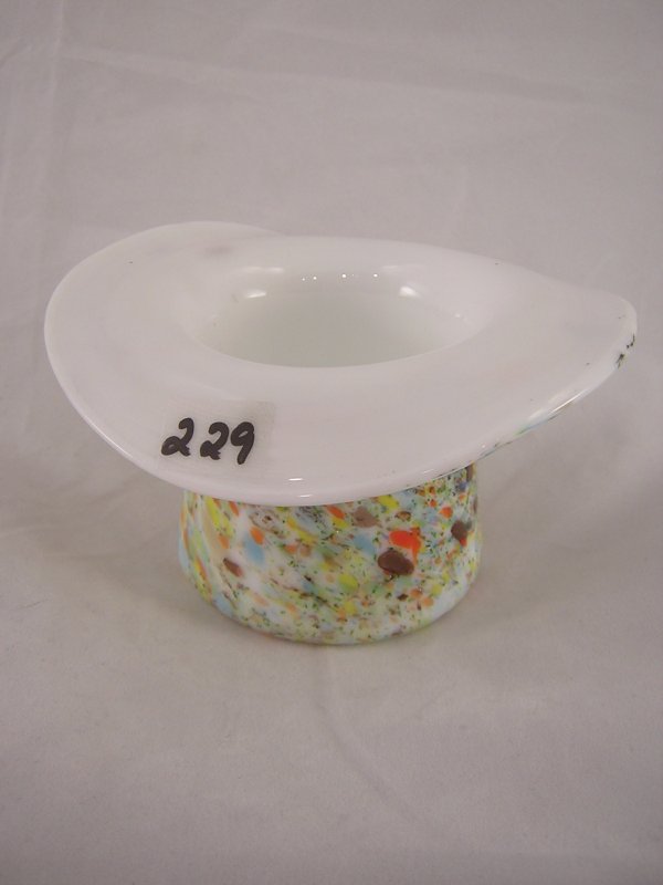 Sample: Milk Glass 2.5" tall Top Hat with multi-co: Sample: Milk Glass 2.5" tall Top Hat with multi-colored frit. This piece was made by skilled glassworker Jim Ralston.