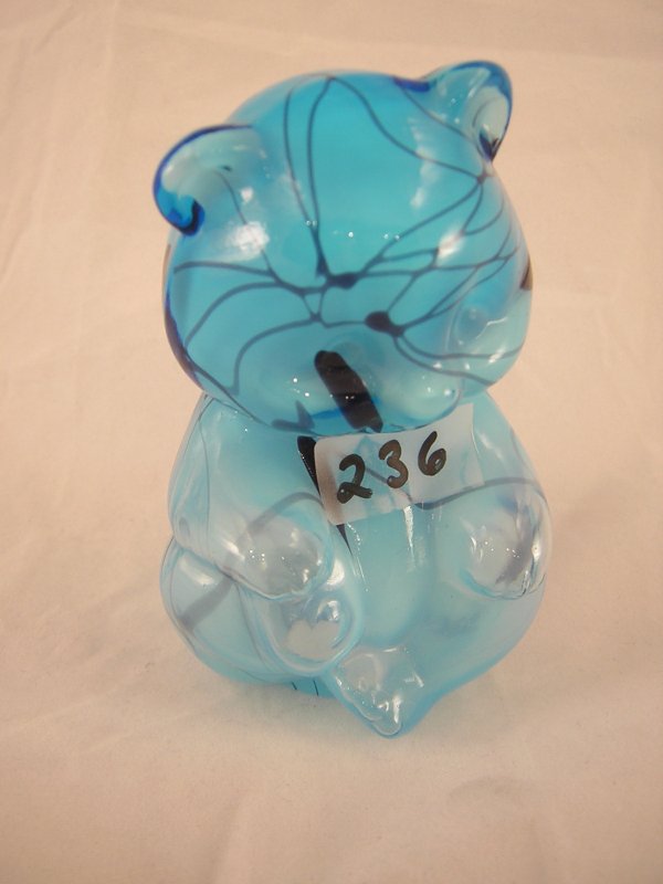 Rare 5151 light blue Bear (blown) 3.5" figurine wi: Rare 5151 light blue Bear (blown) 3.5" figurine with applied Hanging Hearts and threads decoration, ca. 2003-04 (only a few of these were made, and this is the last one).