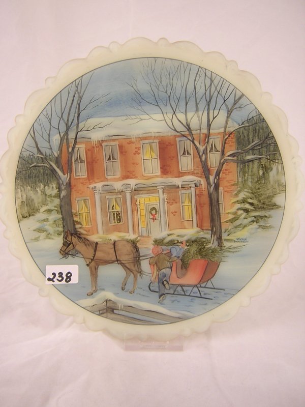 Michael Dickinson design: this 8" d. Custard Satin: Michael Dickinson design: this 8" d. Custard Satin plate features a highly-detailed outdoor winter scene designed and meticulously handpainted by Michael Dickinson. The horse drawn sleigh has just pul