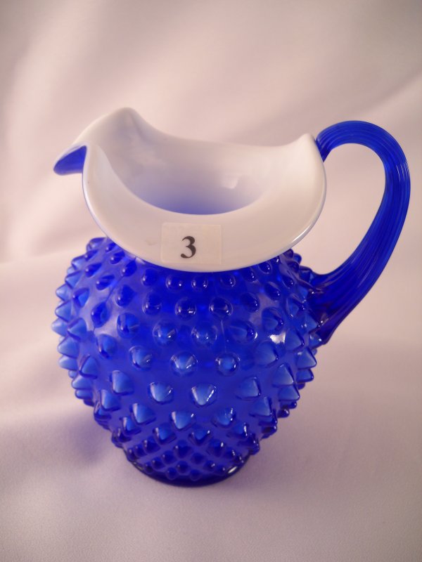 Cobalt blue overlay 3366 5.5" tall Hobnail pitcher w: Cobalt blue overlay 3366 5.5" tall Hobnail pitcher with Milk Glass interior. Made for QVC in 2001.