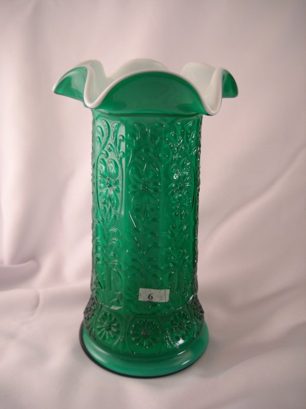 Emerald green overlay (Milk Glass interior) Milady v: Emerald green overlay (Milk Glass interior) Milady vase with six-point crimp, 11" tall. This piece was made for QVC in 2002.