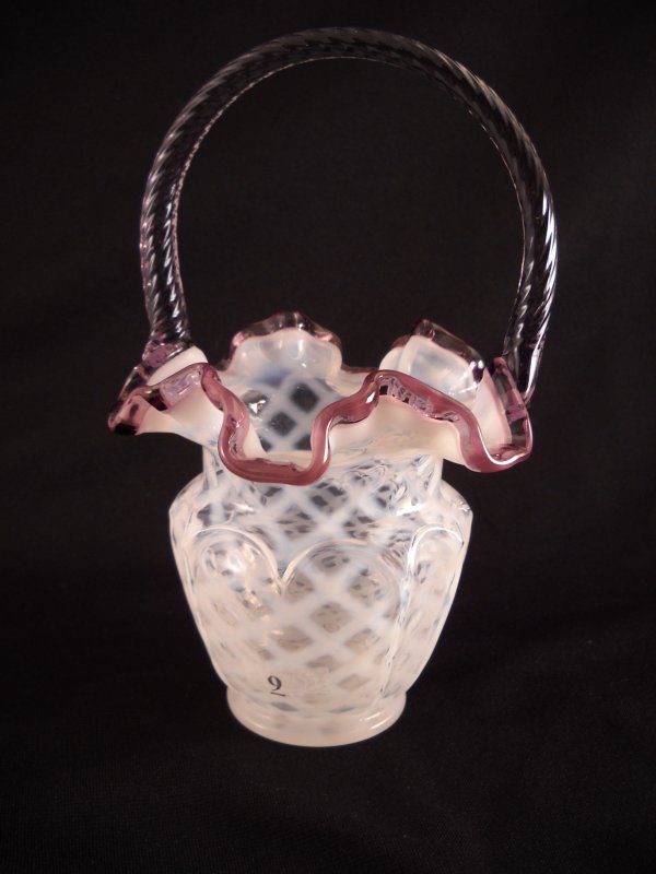 French Opalescent lattice optic Open Heart Arches 9": French Opalescent lattice optic Open Heart Arches 9" tall basket with violet edge and fine rib twisted handle (note: decorated version of this basket was sold on QVC in the late 1990s, and this plain 