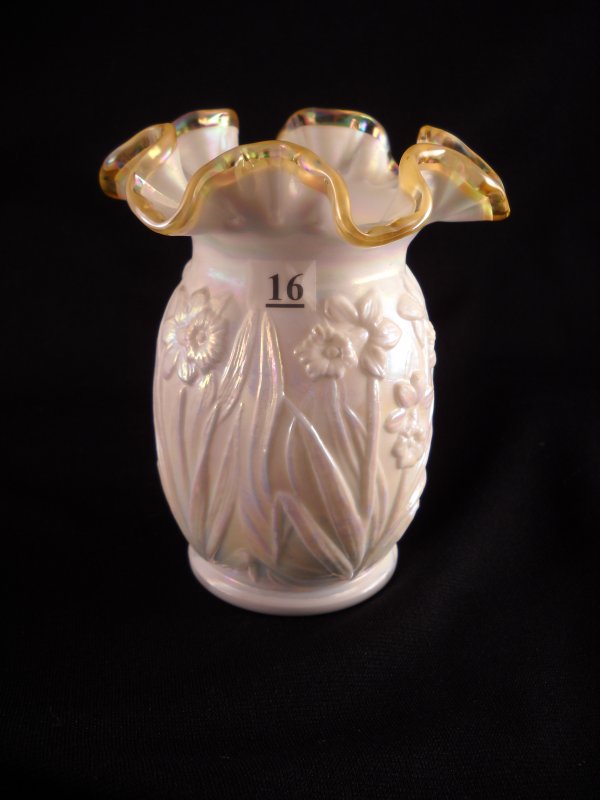 Iridized Milk Glass 5.5" Daffodil vase with light g: Iridized Milk Glass 5.5" Daffodil vase with light gold edge and double-crimp finish, sold on QVC in 2003.