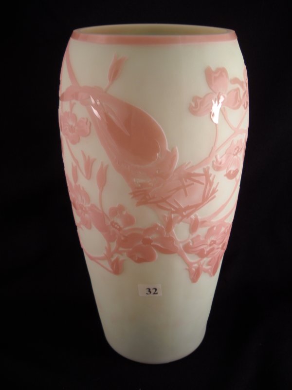 Kelsey Murphy and Robert Bomkamp cameo carved Artis: Kelsey Murphy and Robert Bomkamp cameo carved Artist's Proof: Lotus Mist Burmese 11.5" tall vase with a cameo carved motif featuring Cardinals and fall foliage. This one-of-a-kind piece, entitled Fall