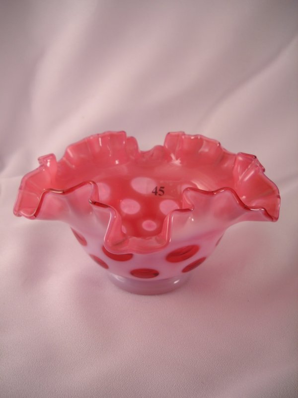 Cranberry Opalescent Coin Dot 1427 CR double crimpe: Cranberry Opalescent Coin Dot 1427 CR double crimped bowl, made ca. 1954-55.