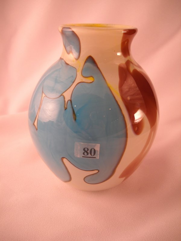 Robert Barber sample: this 5.5" tall offhand vase h: Robert Barber sample: this 5.5" tall offhand vase has a light opaque yellow interior and an unusual decorative treatment in gray, light blue, and dark pink— all encased in crystal. The bottom is gro