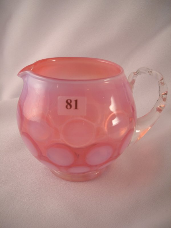 Sample: Cranberry Opalescent Coin Spot creamer, 3.7: Sample: Cranberry Opalescent Coin Spot creamer, 3.75" tall, probably made in the early 1950s.