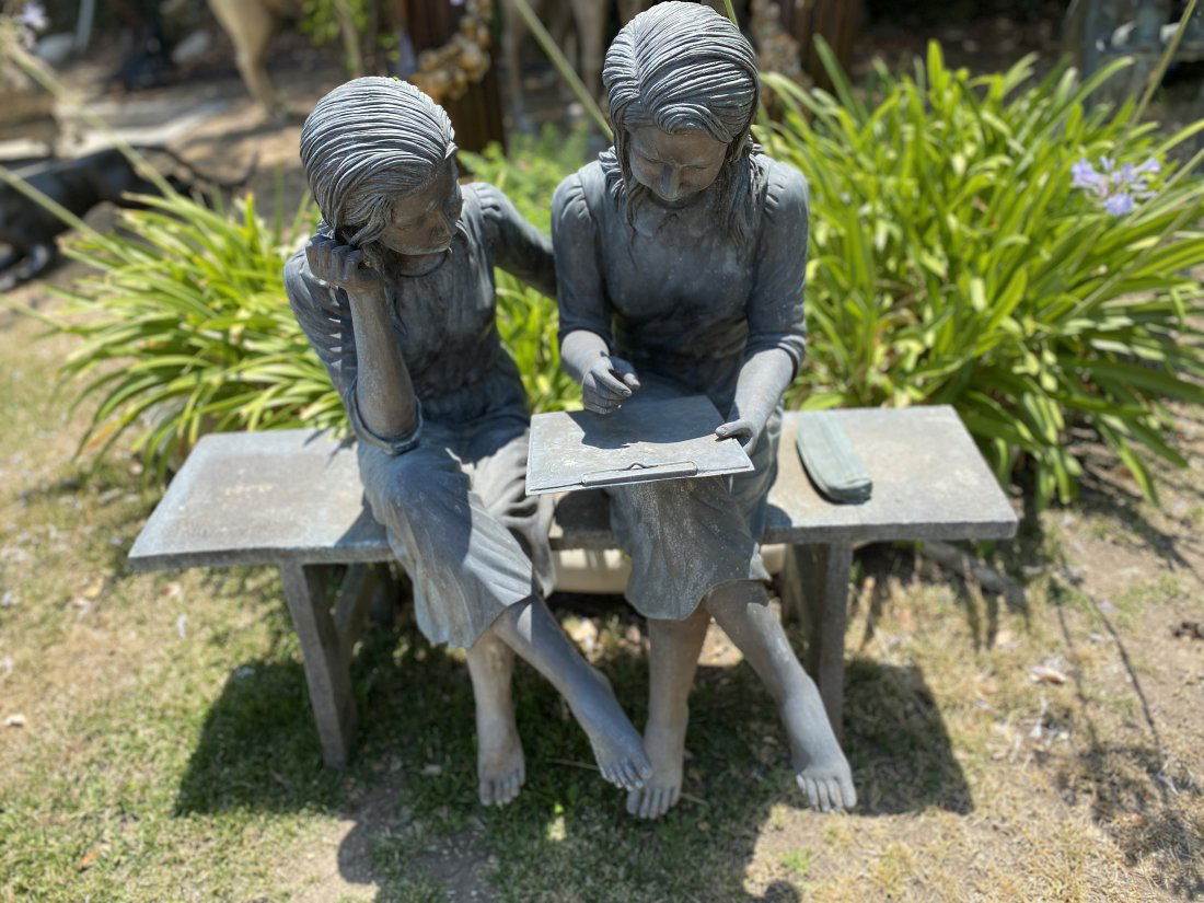 Life Size Bronze Girls Sculpture: Life size girls on bench 48 in L x44 in H x 24 **************We offer Packaging, Handling and Shipping In House or You Are Welcome To Pick Up In Person Or Make Your Own Shipping Arrangements.If you ch