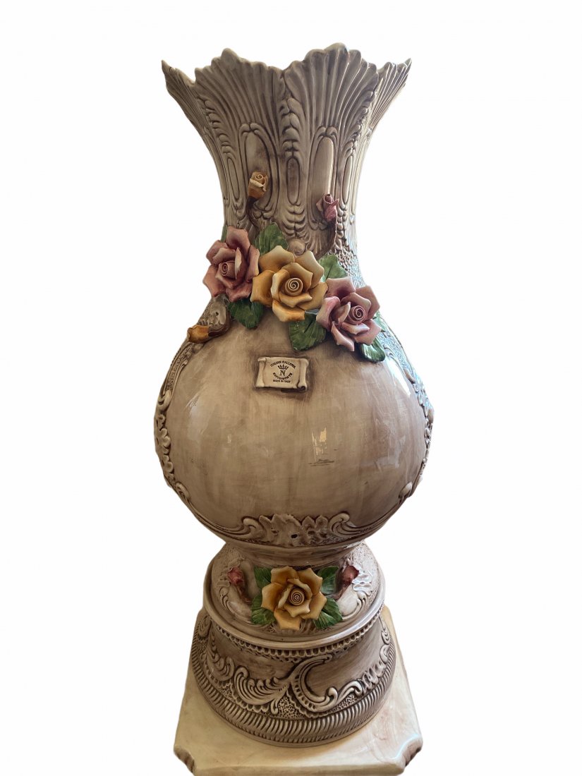 Large Italian Capodimonte Vase: Measurements: 34 in H x 18 in Diameter- Shippers: -Craters & Freighters Los Angeles818-244-4099 La@cratersla.com-Box Brothers to Kristas@boxbros.com 818-224- 4661
