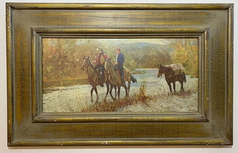 1960s Donald Teague Packing In Cowboy Lithography: Framed - Measurements: 33 in L x 21 in H