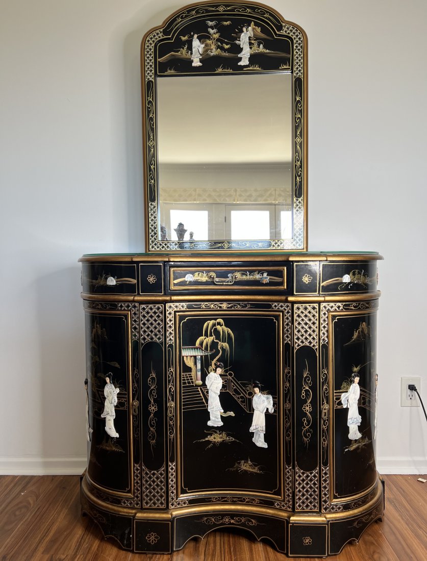 Oriental Mother of Pearl Table and Mirror: Measurements: 42 in L x 36 in H x 15 in W Mirror: 36 in H x 24 in L Chinese / Japanese /Asian *** Shippers: -Box Brothers to Kristas@boxbros.com 818-224- 4661-Craters & Freighters Los Angeles818-244-4