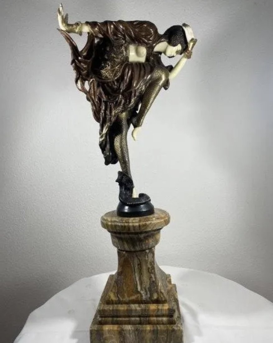 Large Art Deco Style Bronze Ankara Dancer Figure: Measurements: 26 in H x 14 in L x 7 in W - Art Deco Style Bronze and faux Ivory Ankara Dancer FigureAfter Claire Jeanne-Roberte Colinet Modeled in a high stepping pose, on an onyx base.