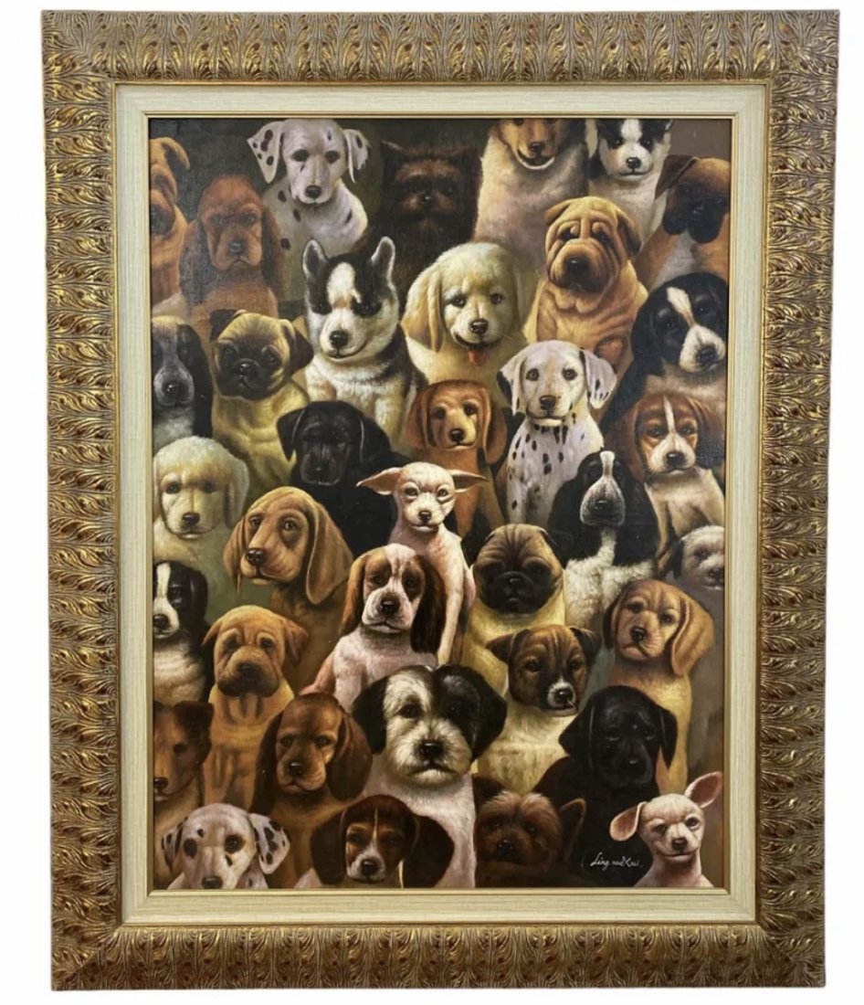 Huge Dogs Oil Painting on Canvas by Ling muxui: Frame: 60 in H x 48 in L - Painting : 47 in H x 36 in