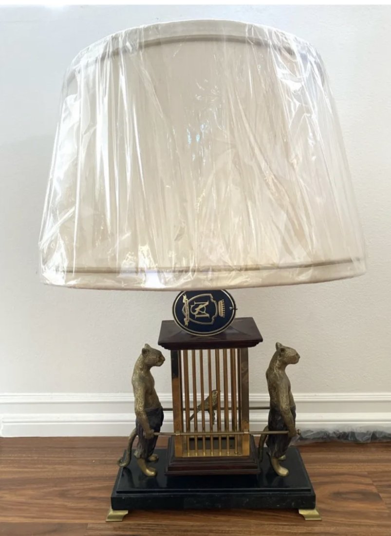 Royal Bird & Cat Soldiers -Maitland Smith Bronze Lamp: Measurements: 29 in H x 14 in Lx 6 in W . Still in plastic Shade and Core with original company tag. *****Maitland-Smith specializes in fine home furnishings and accessories, including fine living roo