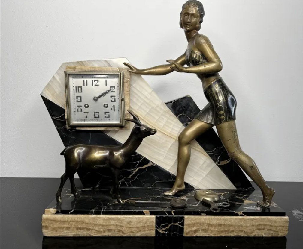 French Art Deco Bronze Clock and Sculpture (1 of 6)