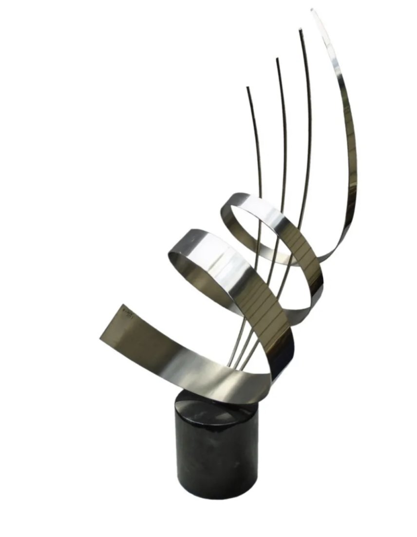 1992 Curtis Jere Brushed Chrome Ribbon Sculpture on Marble Base Signed: Includes Certificate of Authenticity - 31 in H x 25 in L x 6.5 in