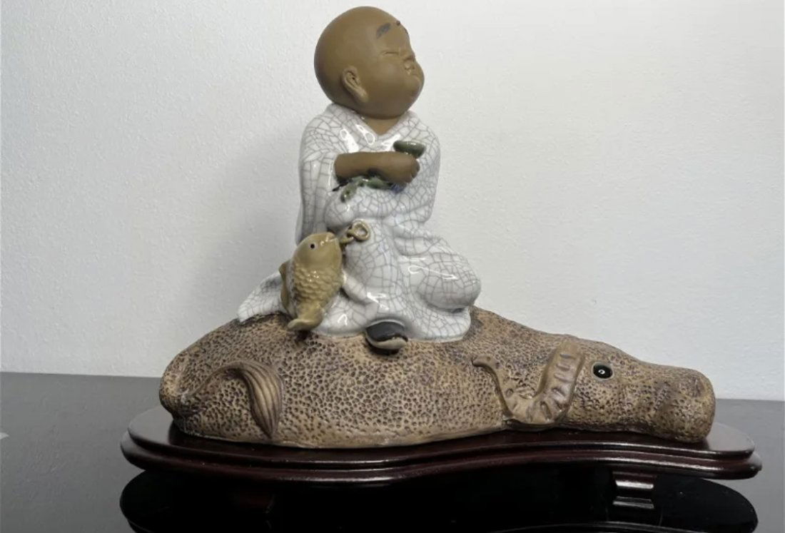 Porcelain Kid Babe Child Bairn Boy Buddhist Monk Oxen Statue (1 of 4)