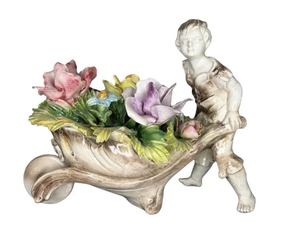 Italian Capodimonte Porcelain Flowers Boy Holding a Flower WheelBarrow (1 of 1)