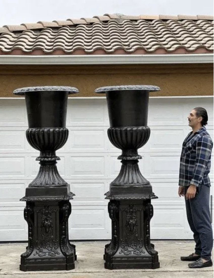 Pair of Monumental French Iron Urns and Pedestals (1 of 5)