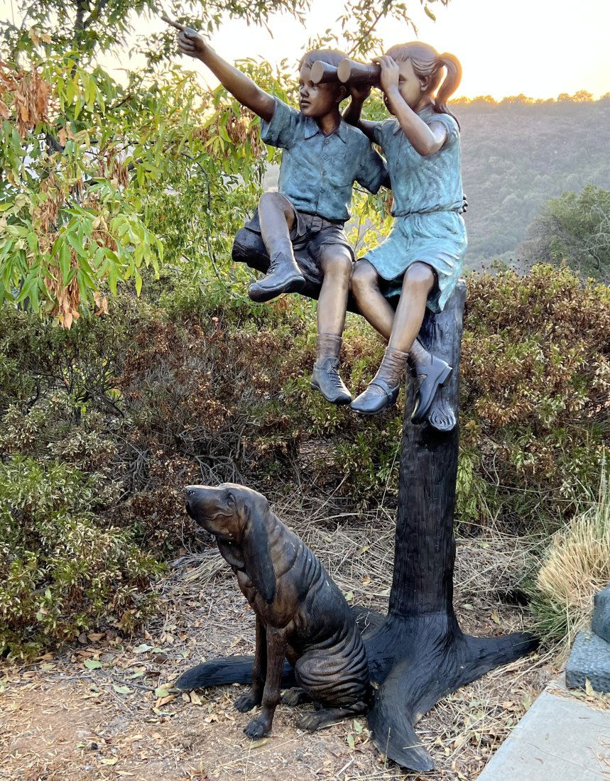 Life Size Bronze Boy and Girl Sitting with Binoculars and Dog Sculpture (1 of 6)