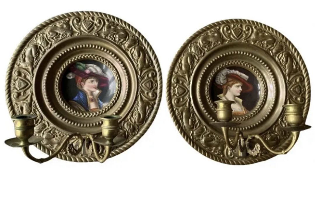 Porcelain Brass Wall Plaque Candelabra Set (1 of 3)
