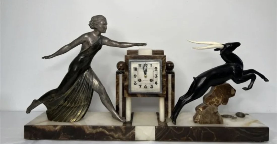 Huge Art Deco Antique French Sculpture Woman & Antelope Clock (1 of 5)