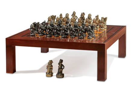 20th Century Huge Bronze Chess And Table Game: A contemporary game table with chess setLate 20th/early 21st centurySquare top with inset checkered design with ebonized banding on four straight legs, including thirty-four bronze medieval figural ch