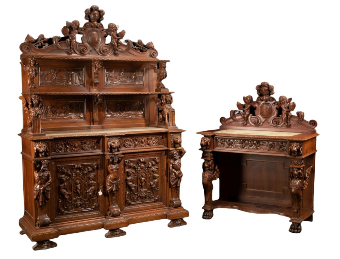 French Antique Carved Walnut Buffet and Server Luigi Frulini (1 of 12)