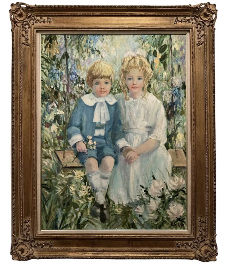Huge Boy and Girl Sitting on the Swing Oil on Canvas Painting by Bora (1 of 6)