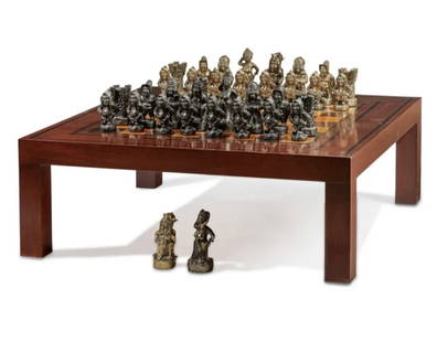 20th Century Huge Bronze Chess And Table Game: A contemporary game table with chess setLate 20th/early 21st centurySquare top with inset checkered design with ebonized banding on four straight legs, including thirty-four bronze medieval figural ch