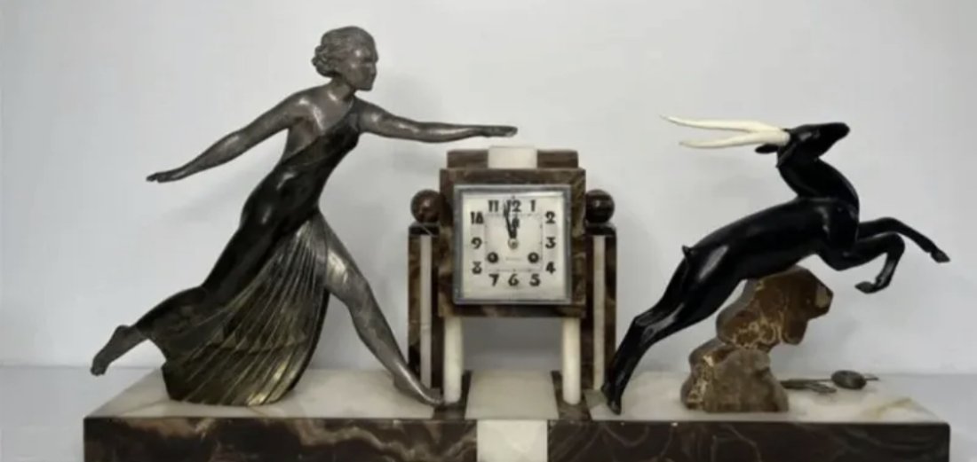 Huge Art Deco Antique French Sculpture Woman & Antelope Clock (1 of 4)