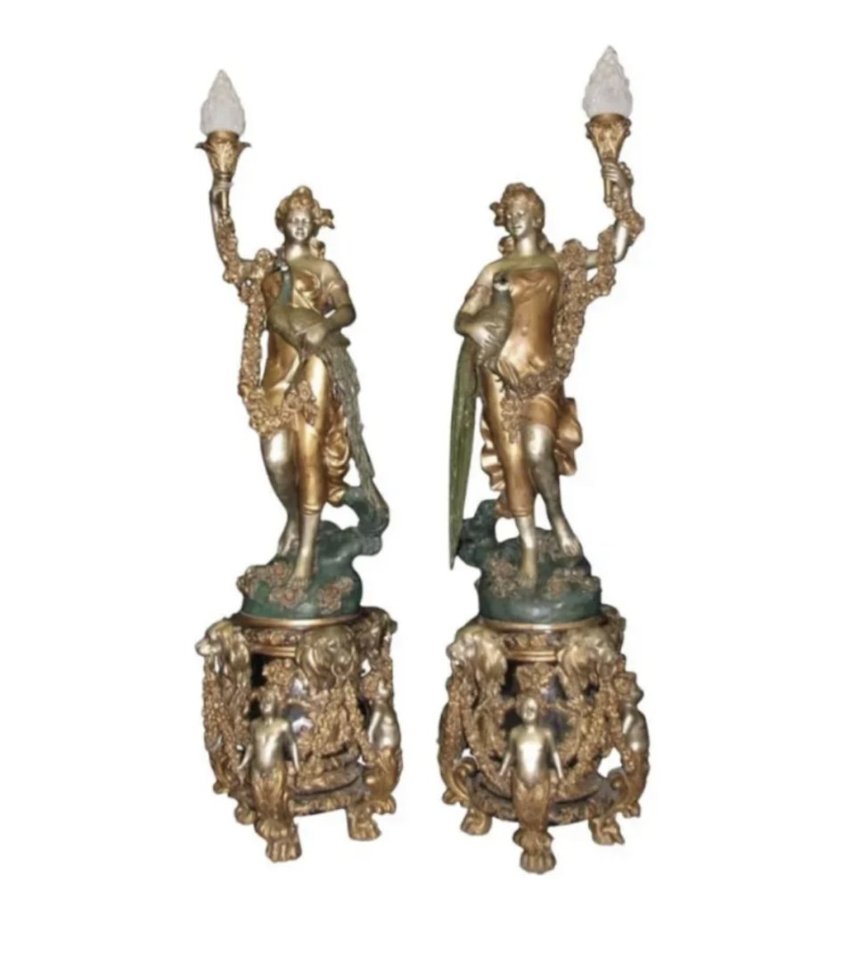 Monumental Bronze Floor Lamp Ladies Holding Peacocks Floor Lamps (1 of 4)
