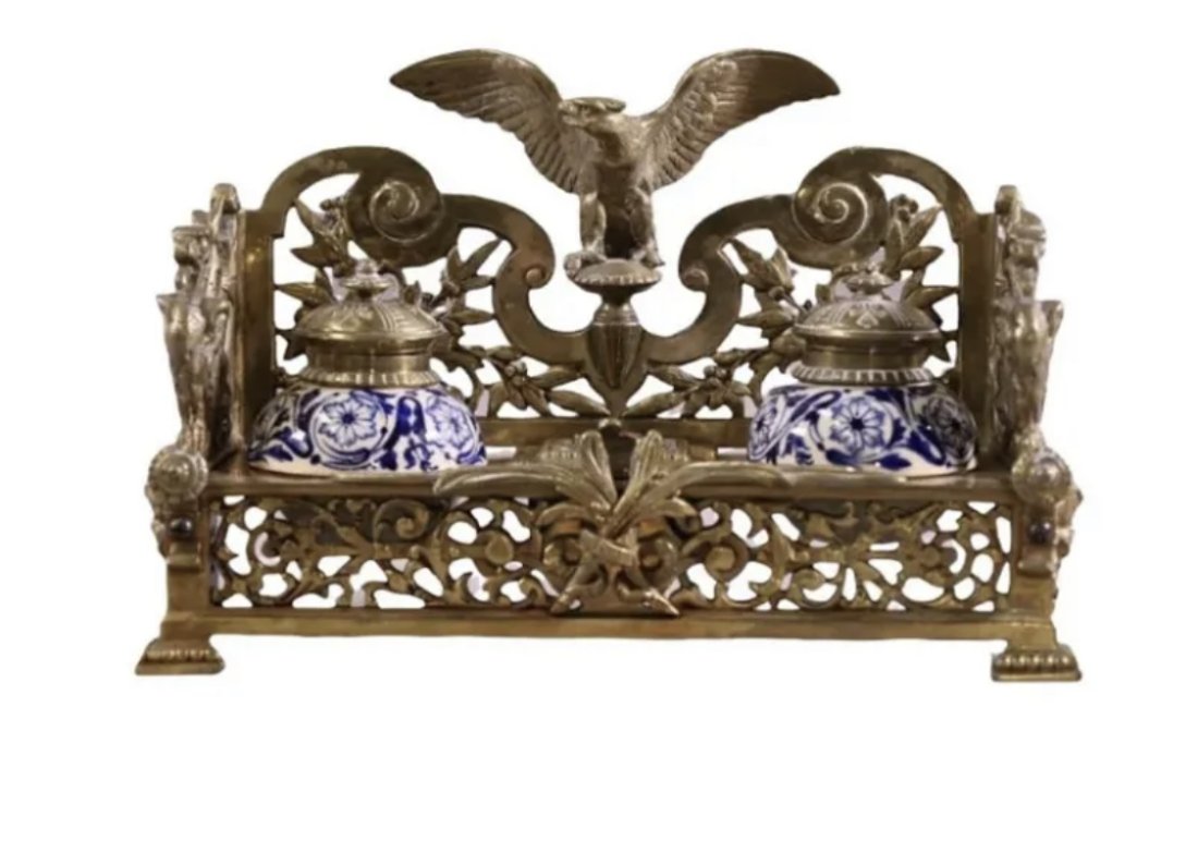 19th Century Eagle Brass Desk Tray With Double Coalport Porcelain Inkwells (1 of 1)