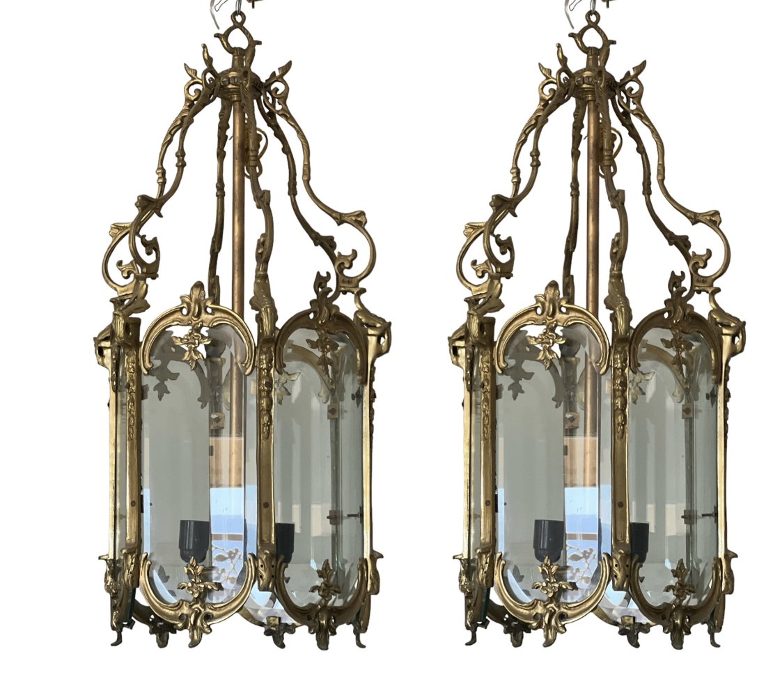 Pair of French Louis XV Style Gilt Bronze and Glass Lanterns (1 of 1)